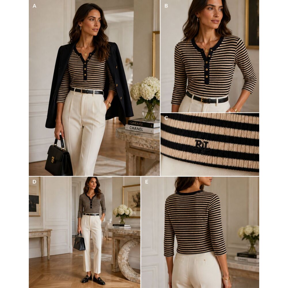 Vintage Lauren Ralph Lauren,  Black & Cream Striped Henley, 3/4 Sleeve